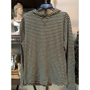 Vince Stripe Slub Long Sleeve Hooded T-Shirt Striped Pattern Green Mens Size Med